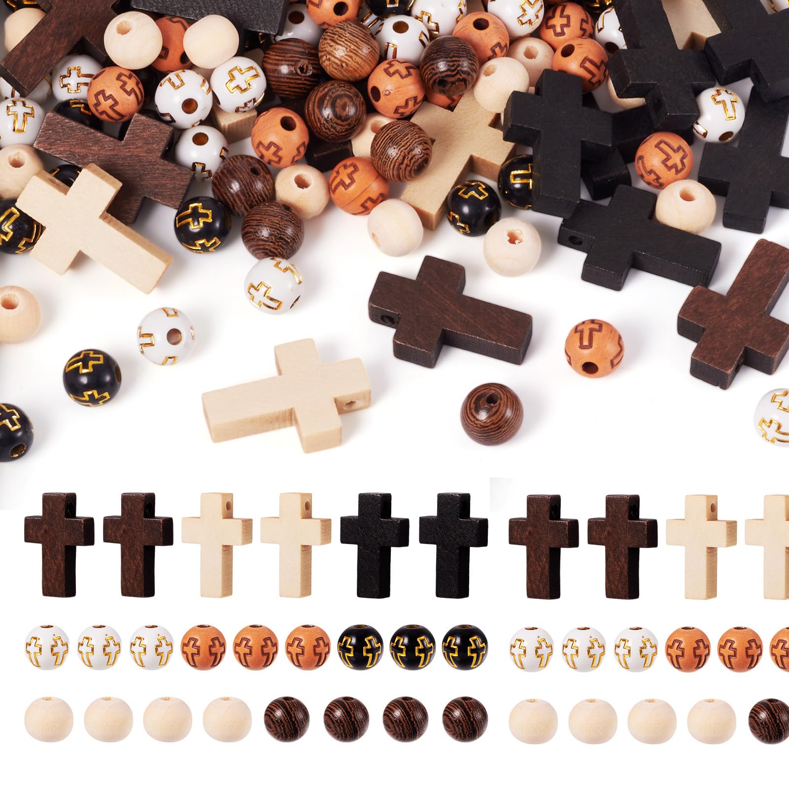 KISSITTY Rosary Making Kit Cross Rosary Beads 8mm Easter Round Wood Acrylic Cross Spacers Cross Pendant Beads for DIY Jewelry Making About 211pcs/box