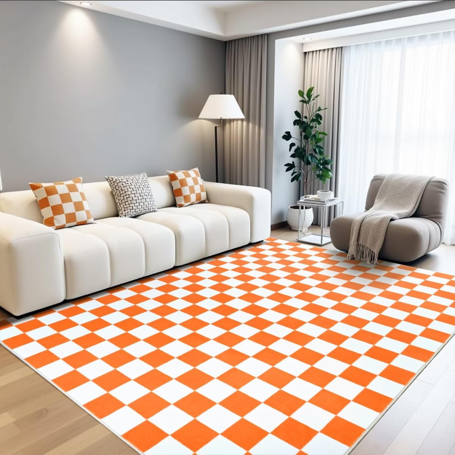 Tapis salon moderne poil court orange et blanc 160x240 cm