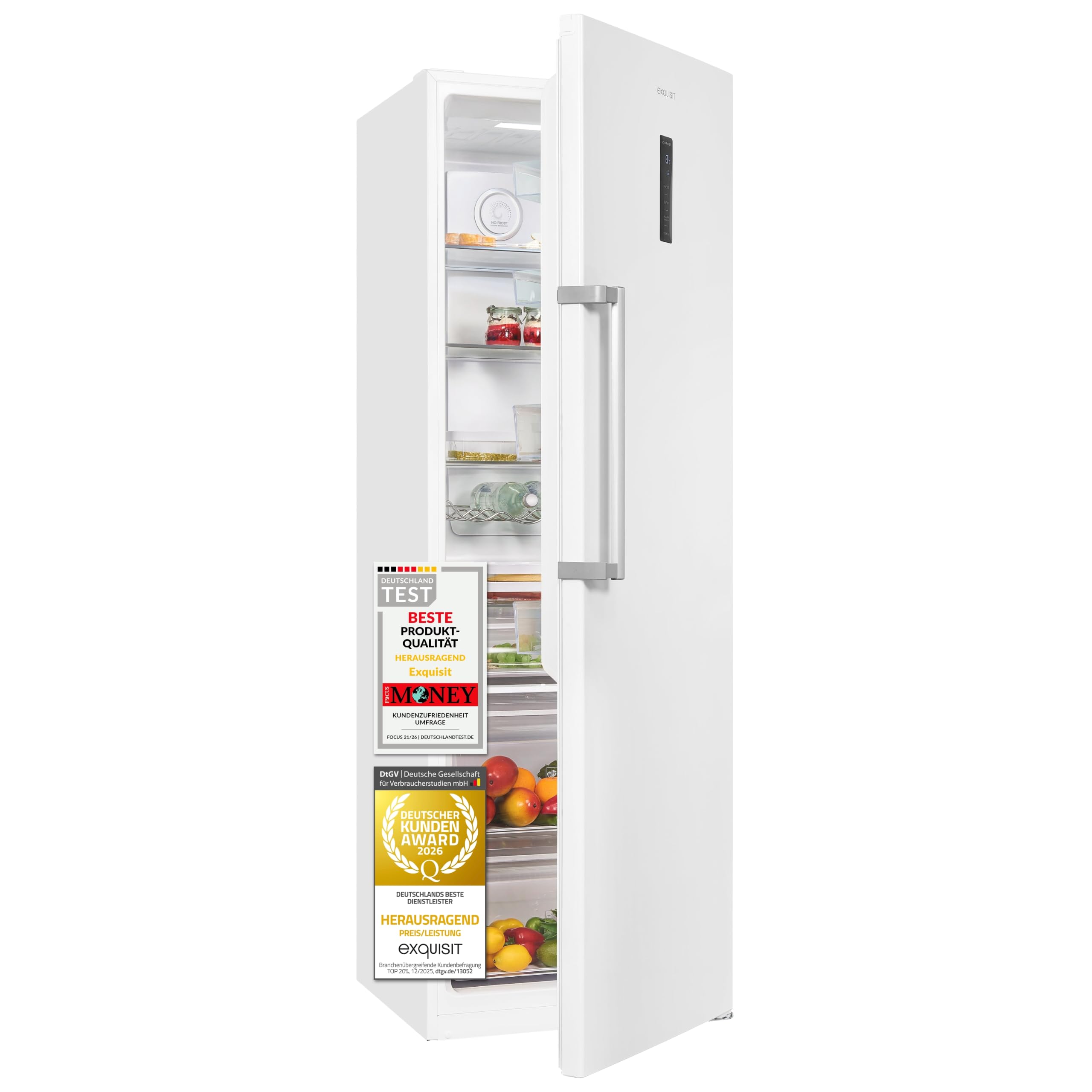 Exquisit Vollraumkühlschrank 359 l | No Frost | Energieklasse C | 39 dB | Super-Kühlen | Digitale Temperaturanzeige | Frischefach | Feuchtigkeitskontrolle | LED-Beleuchtung | Weiß