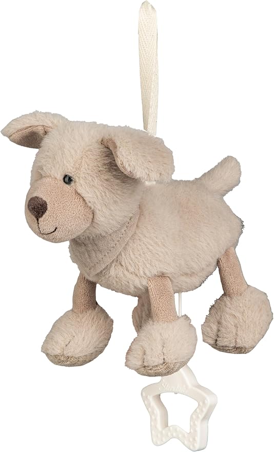 Sterntaler Spieluhr S Hund Lucky – Baby Spieluhr aus extra weichem Stoff – Kuscheltier Baby zum Anbinden – Einschlafhilfe wirkt beruhigend zuhause & unterwegs, graubeige