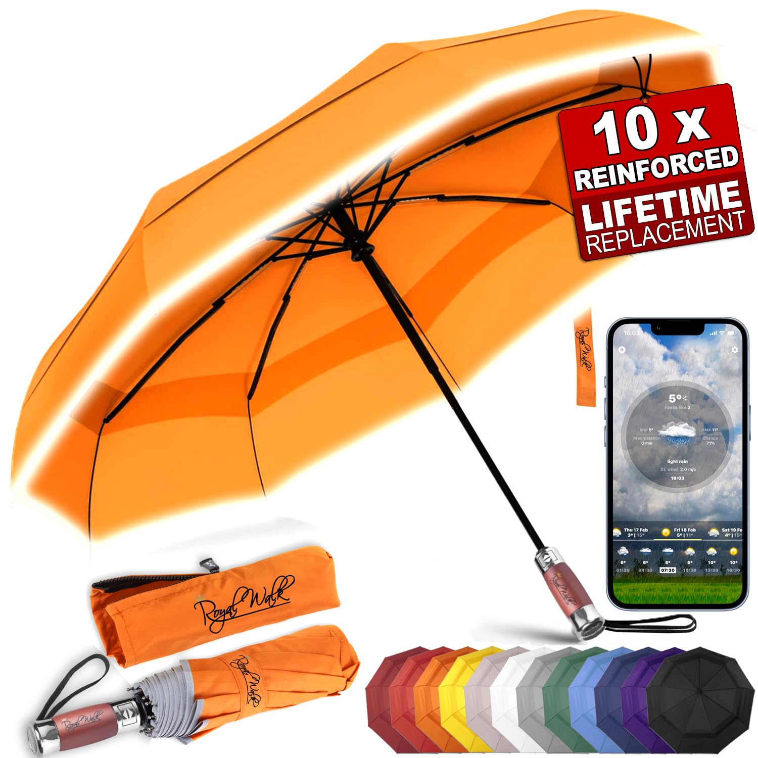 Royal WalkWindproof Folding Travel Umbrella Compact and Strong Luxurious Real Wood Handle Automatic Open Close Vented Double Canopy for Men and Women