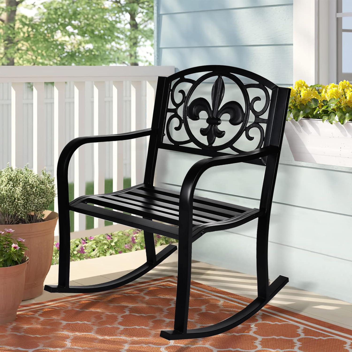Outdoor Patio Rocking Chair, Metal Rocking seat for for Deck, Backyard or Garden (Black)