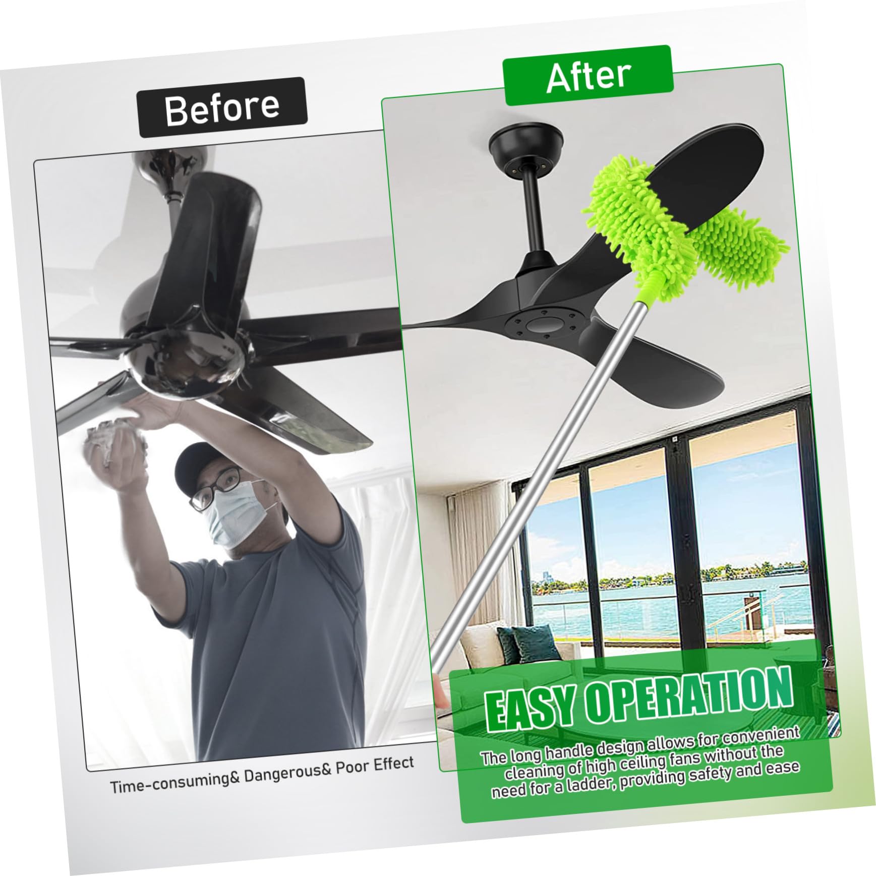Plumero Extensible para Ventilador de Techo, Mango Largo de Aluminio | Cabezal Desmontable, Limpieza de Alta Eficiencia, 1 Juego Verde para Muebles y Ventanas
