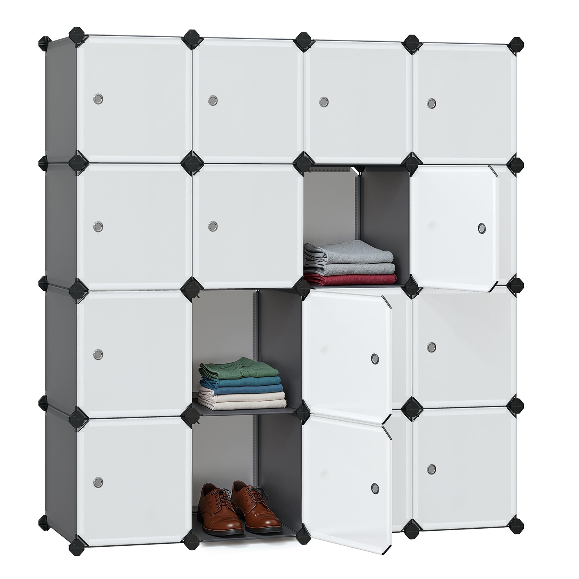 SONGMICS Regalsystem, Schuhregal, Set aus 16 Würfeln, Kleiderschrank aus Kunststoff, mit Türen, Steckregal, Aufbewahrung von Kleidung, Schuhen und Büchern, einfache Montage, grau LPC443G01