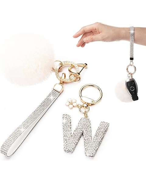 Initial Letter Keychain for Women Girl Bling Rhinestone Sparkly Bag Backpack Purse Charm Cute Pom Pom Key Chain Wristlet
