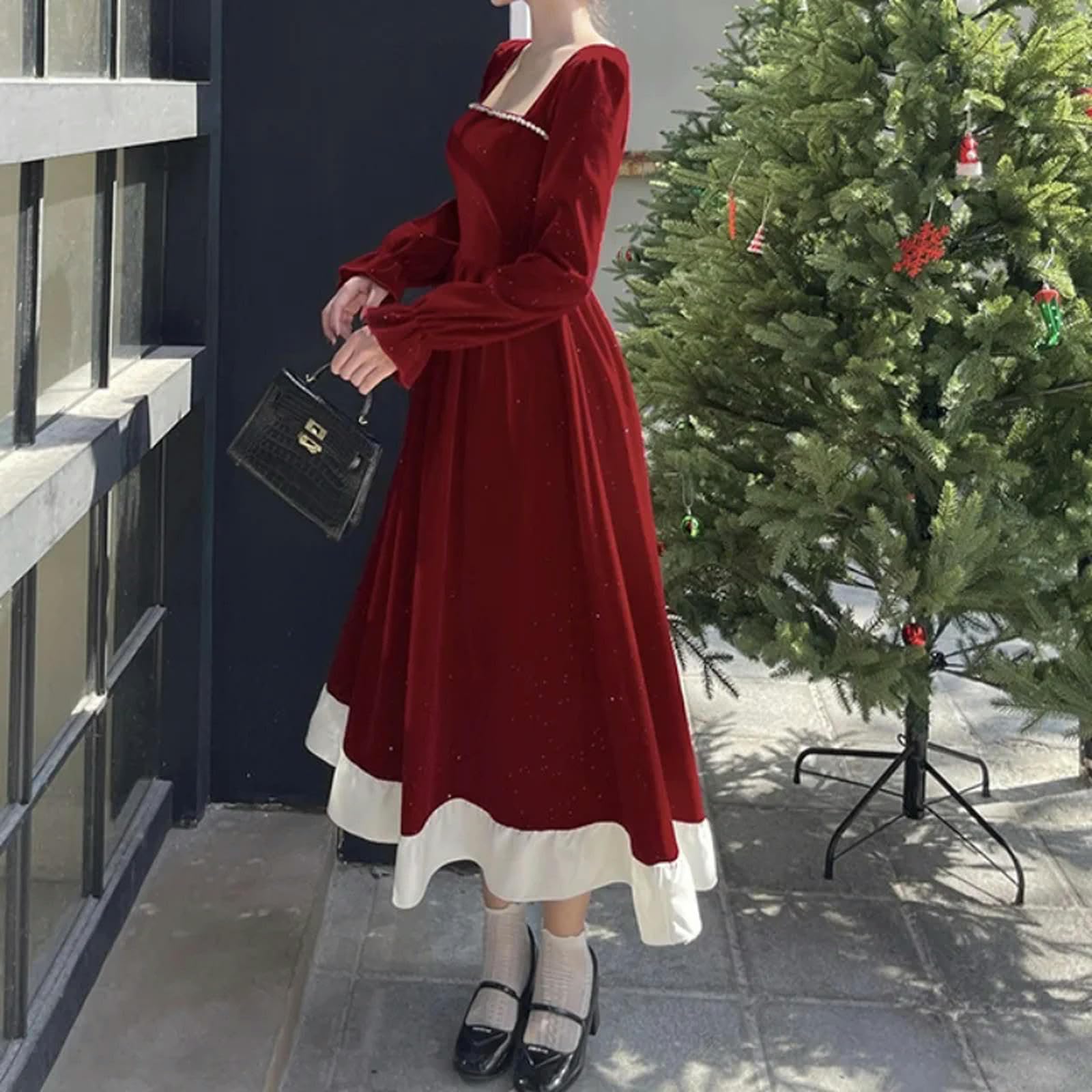 Elegante Abito Rosso da Donna con Gonna a Sbuffo e Colletto Quadrato, Abito da Ballo, Rosso, M