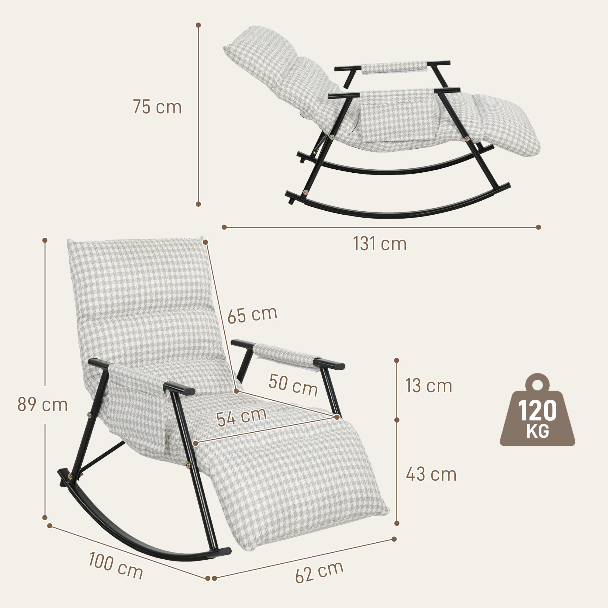 HOMCOM Silla Mecedora con Respaldo y Reposapiés Ajustables, Mecedora Sillón Balancín 105°, Tapizada en Lino, con Bolsillo Lateral y Marco de Metal, Carga 120 kg, para Dormitorio, Salón, Gris y Blanco
