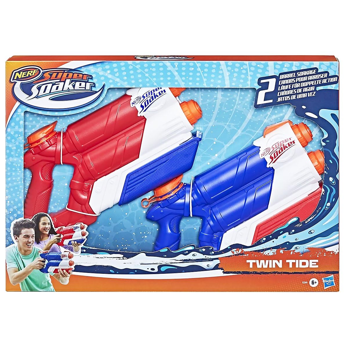 NERF Super Soaker Twin Tide Pack de deux - 2 pistolets à eau avec 2 canons chacun | Blasteur à eau à pompe 2 pièces - Réservoir de 975 ml - Jouet d’été pour enfants à partir de 6 ans