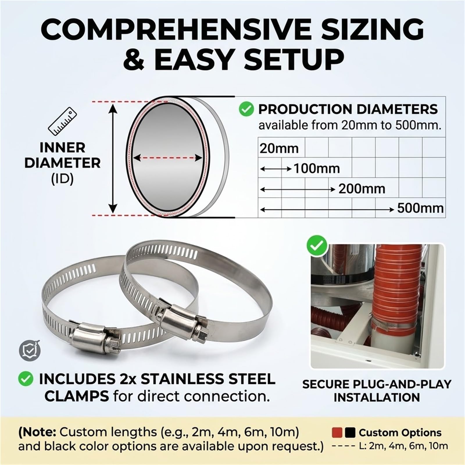 Tubo Flessibile in Silicone 2-4m Condotto Raffreddamento | Struttura Acciaio Fibra Vetro |Alta Temperatura|Aspirazione Efficiente Fumi |Fascette SUS Incluse(L3m/9.8FT,Id(A)/20mm/7.9in)