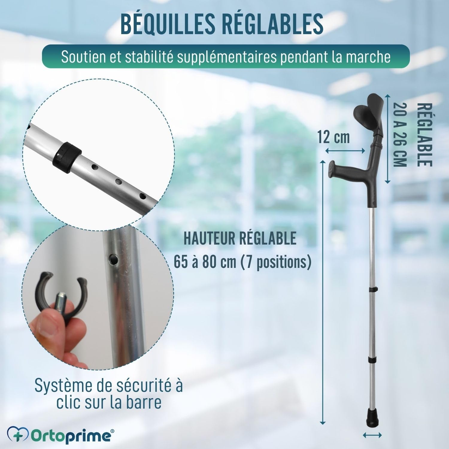 OrtoPrime Béquilles Médicales Adultes en Aluminium Réglable PACK de 2 - Béquilles Orthopédiques avec Embout Antidérapant - Béquilles Anatomiques CONFORT - canne anglaise adulte - Noir.