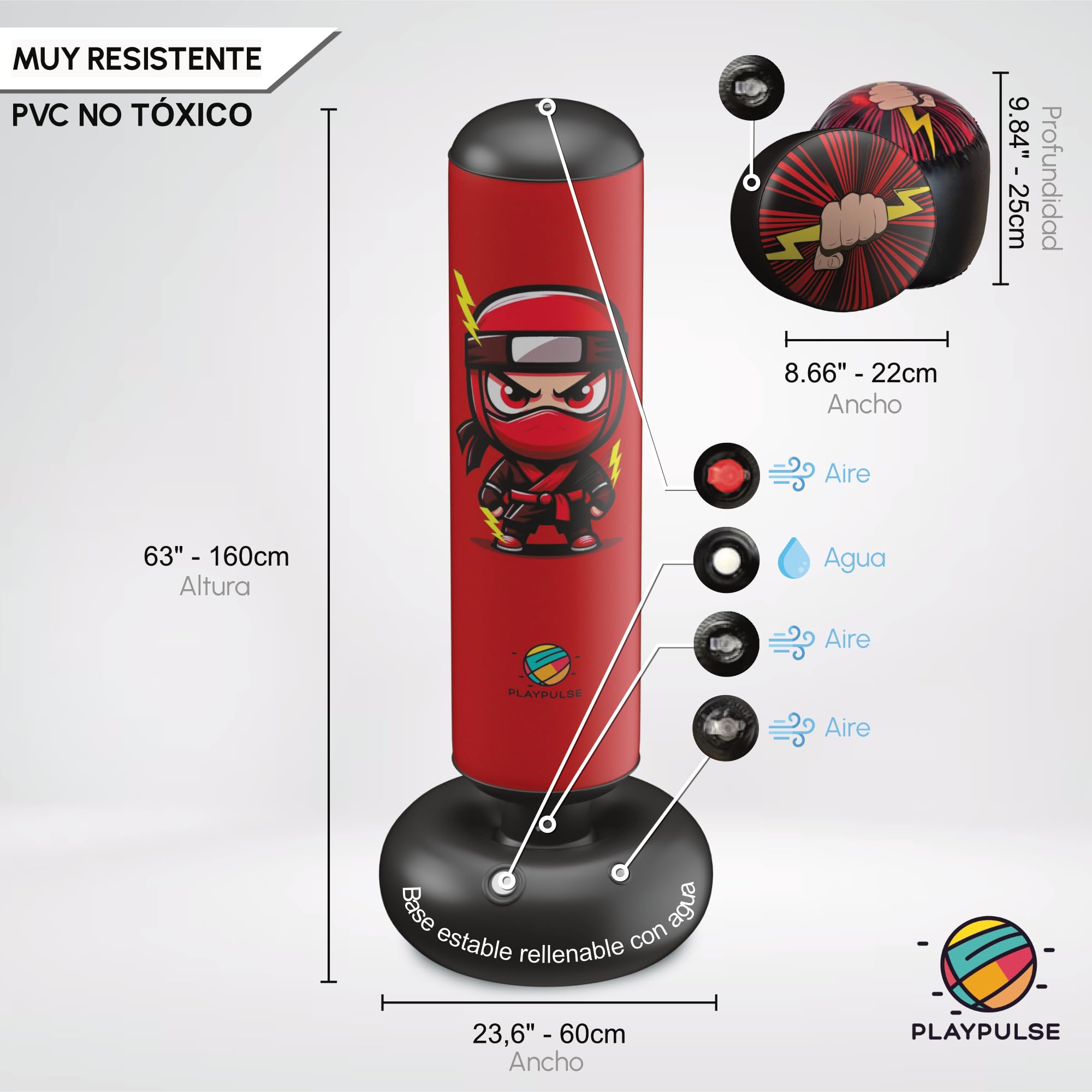 Saco de Boxeo Infantil 160CM - Punching Ball para Niños + Bomba Eléctrica + Guantes de Boxeo Inflables - 3 a 10 Años - Juguete para Exterior e Interior - Saco de Boxeo de Pie