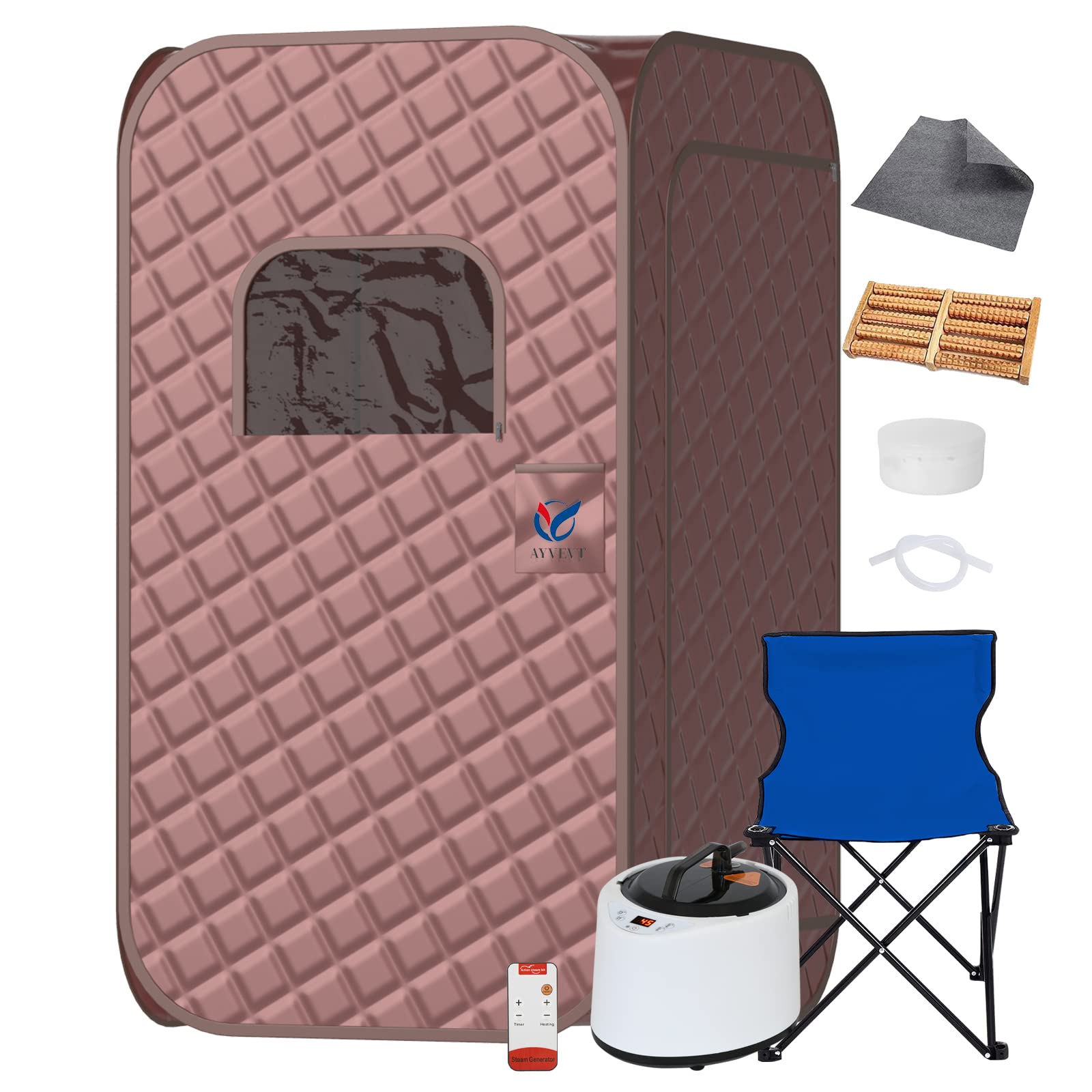 AYVEVTA Single Person Sauna, Portable Steam Sauna Full Body for Home Spa, Sauna Tent with Steamer 2.2L 1000W Steam Generator, 90 Minute Timer, Chair, Remote Control Included?Brown?