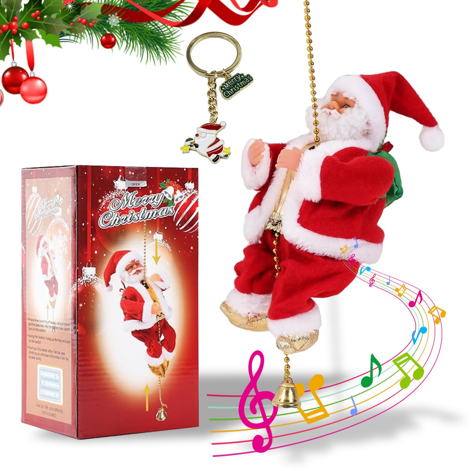 santa claus musical climbing rope, 2026 new climbing santa on rope battery operated, santas climb ladder with lights & funny musical, can climbs up and down, xmas christmas ornament (1pc)