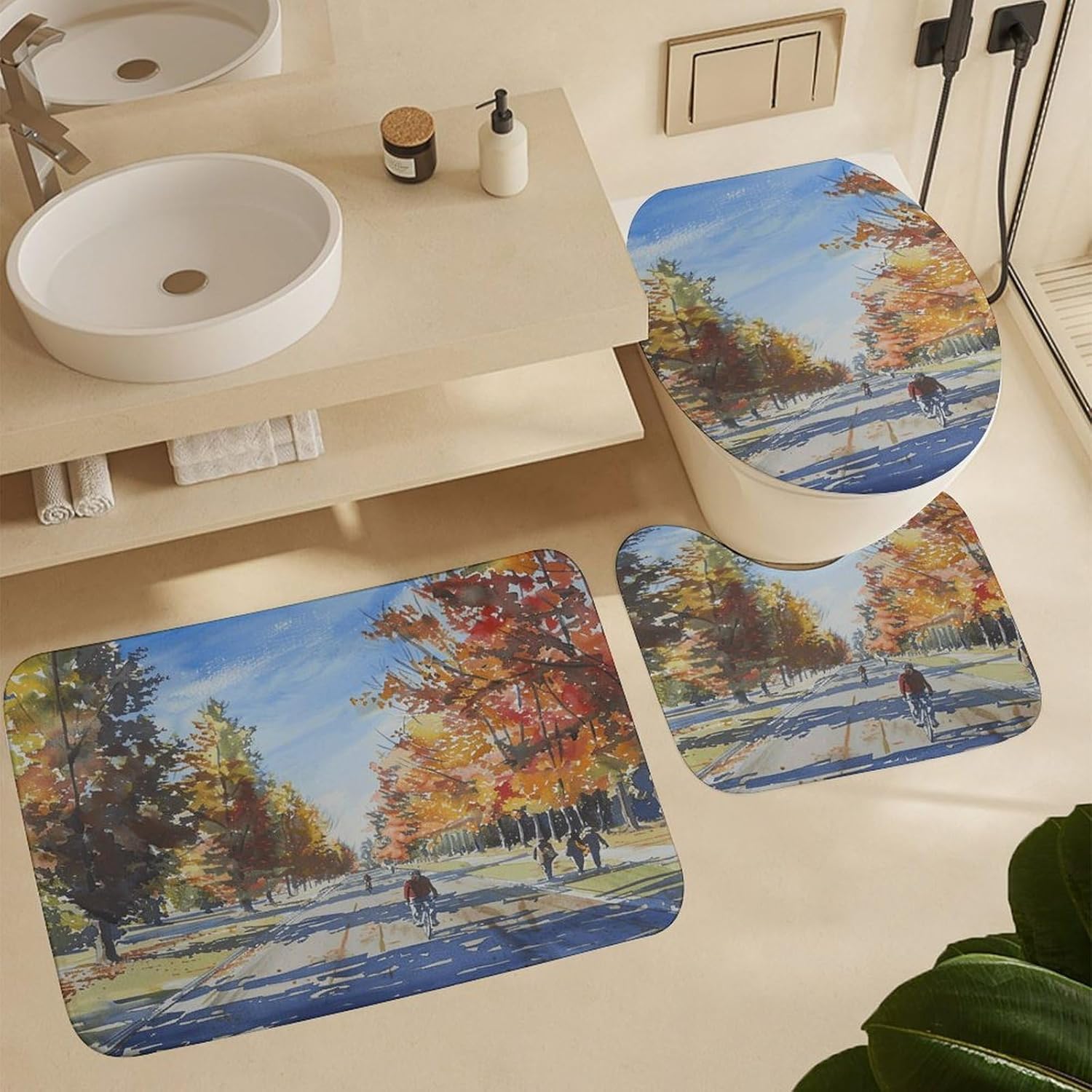 Four Piece Bathroom Set with Toilet Lid Cover and Non-Slip Rugs Minimalist Shower Curtain for Bathroom Set