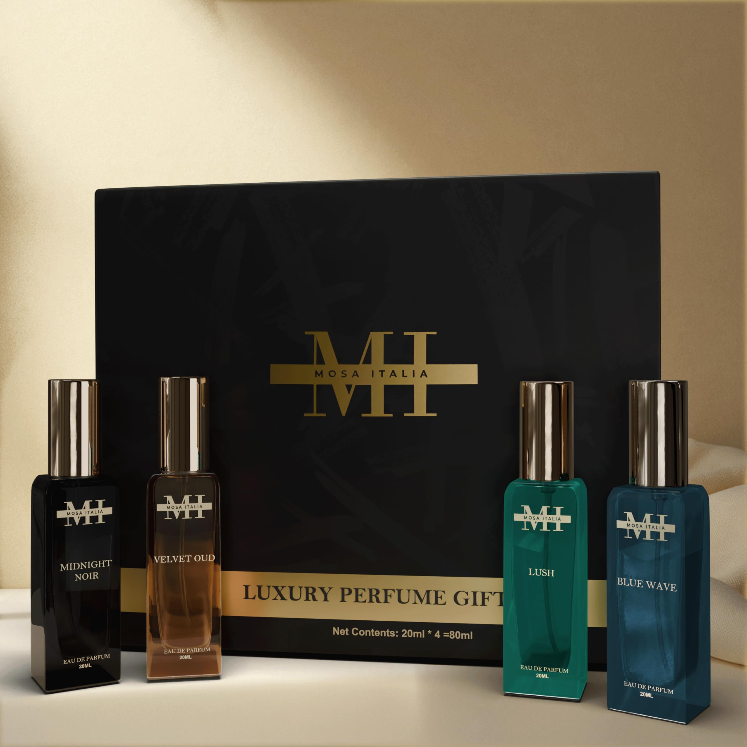 MOSA ITALIA Luxury Long Lasting Perfume Gift Set for Men &Women, 4x20ml, Eau De Parfum, Floral, Fruity, Woody & Citrus Fragrance Scent Midnight Noir, Velvet Oud, Lush, Blue Wave, Perfect of Gifting-image-41
