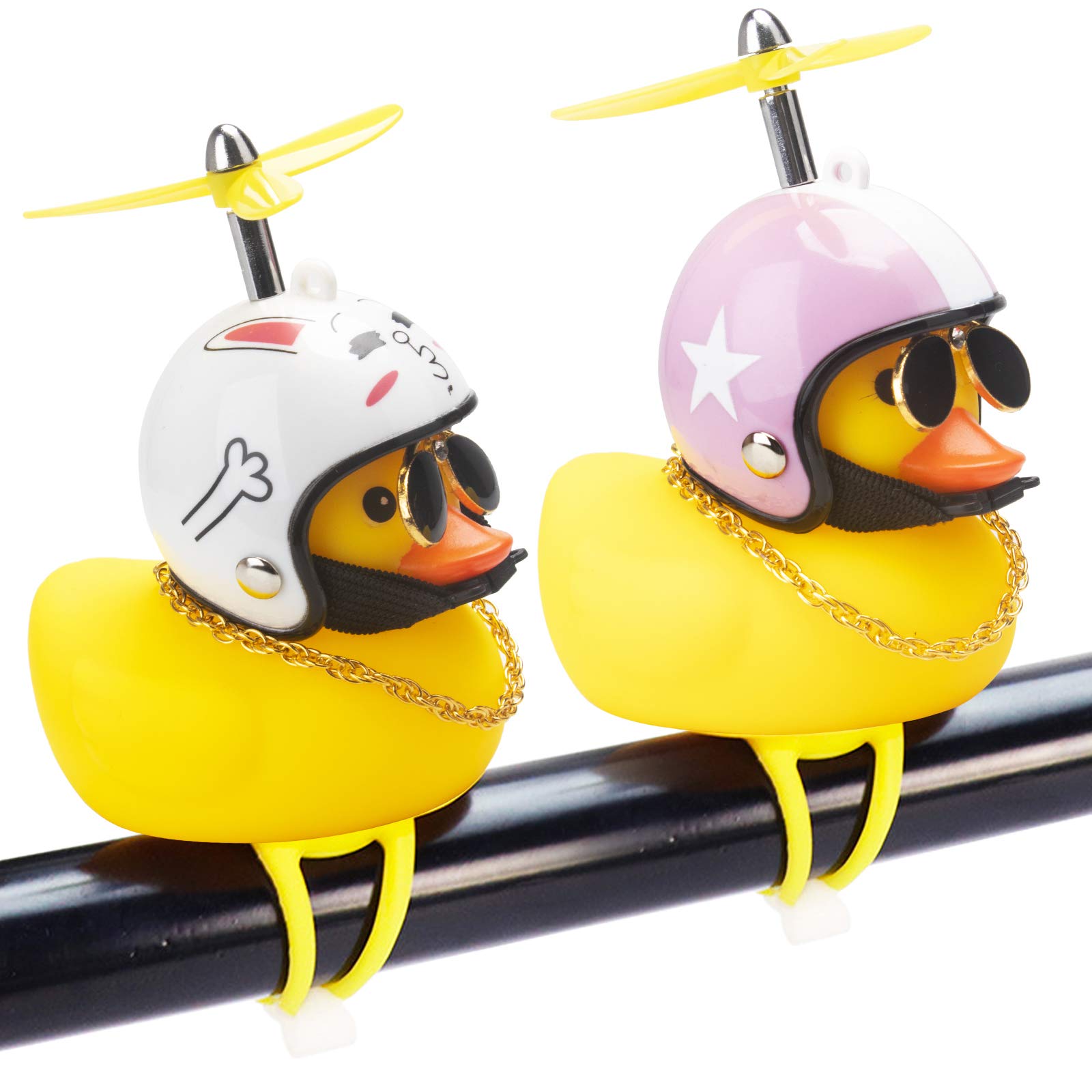 Rubber Duck Car Ornaments, 2Pcs Yellow Duck Car Dashboard Decorations Squeeze Duck Bicycle Horns with Propeller Helmet