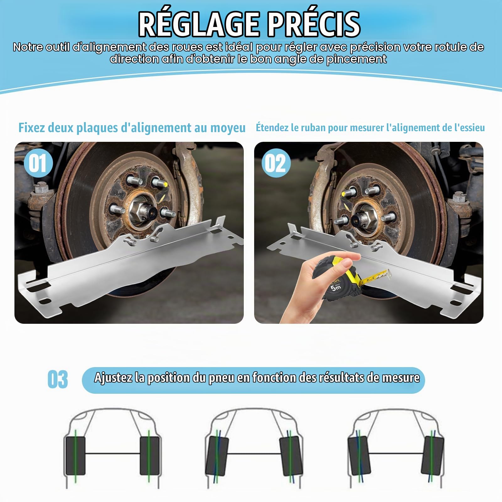 Outil de Parallélisme des Roues Paquet, Outil d’Alignement des Roues Avant 2 Pièces pour Voiture, Plaques de Réglage de Carrossage Précises avec 2 Rubans de Mesure de 5 Mètres, Argenté