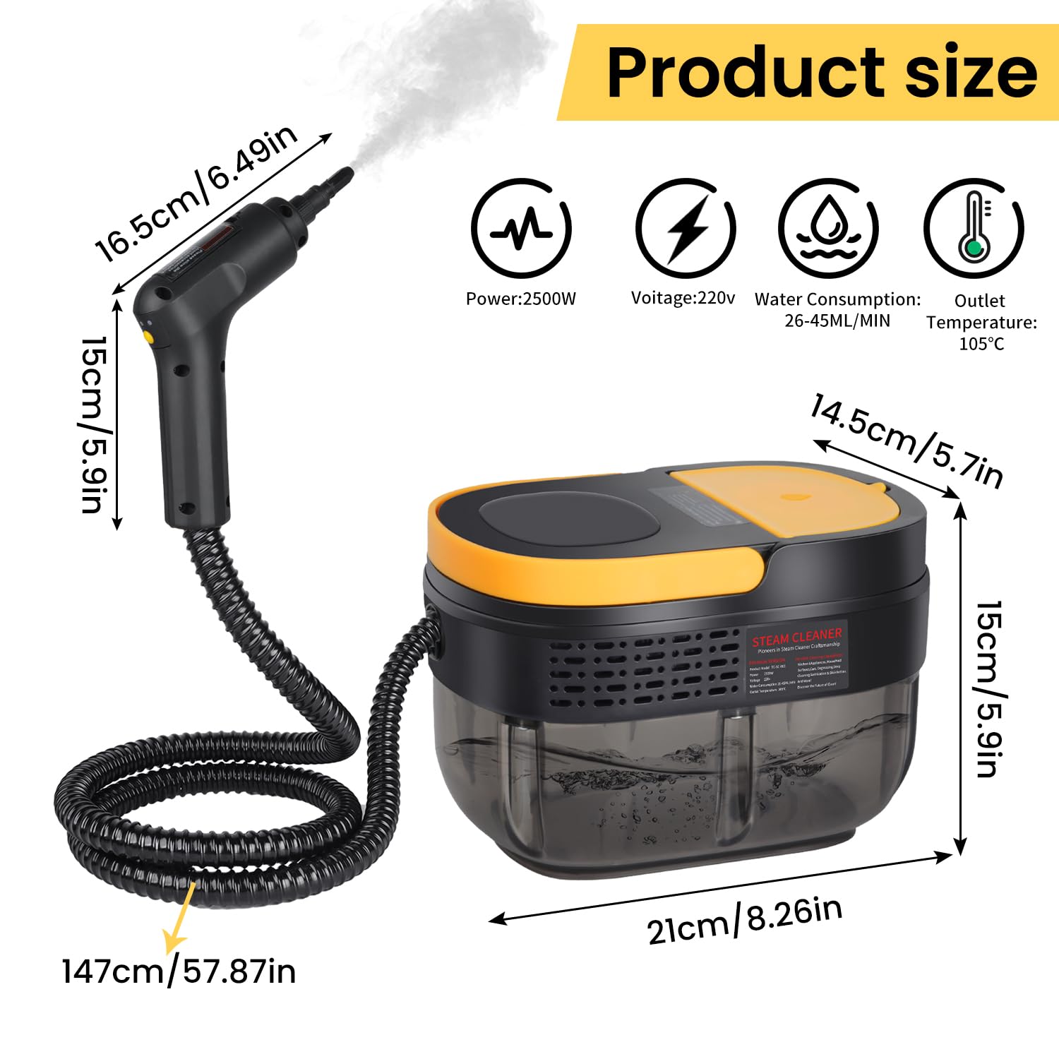 Nettoyeur Vapeur 2500W, Réservoir D’eau 1600ML, Poignée Réglable en 3 Positions, Haute Température 105℃ et Pression 3 Bar, Chauffe Rapide en 15s, 10 Accessoires, pour Voiture, Cuisine (Noir)