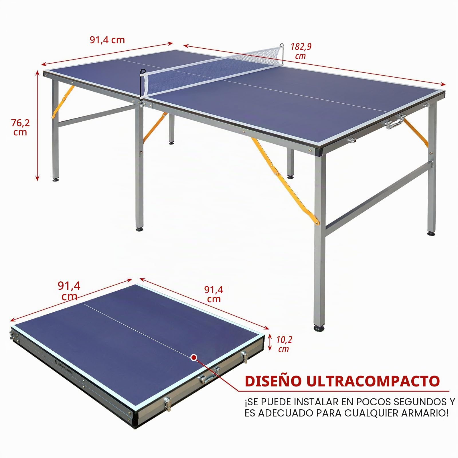 Mesa de Tenis de Mesa de Tamaño Mediano 1.8x0.9m - Mesa de Ping Pong Plegable y Portátil para Interior/Exterior con Red, 2 Palas de Tenis de Mesa y 3 Pelotas