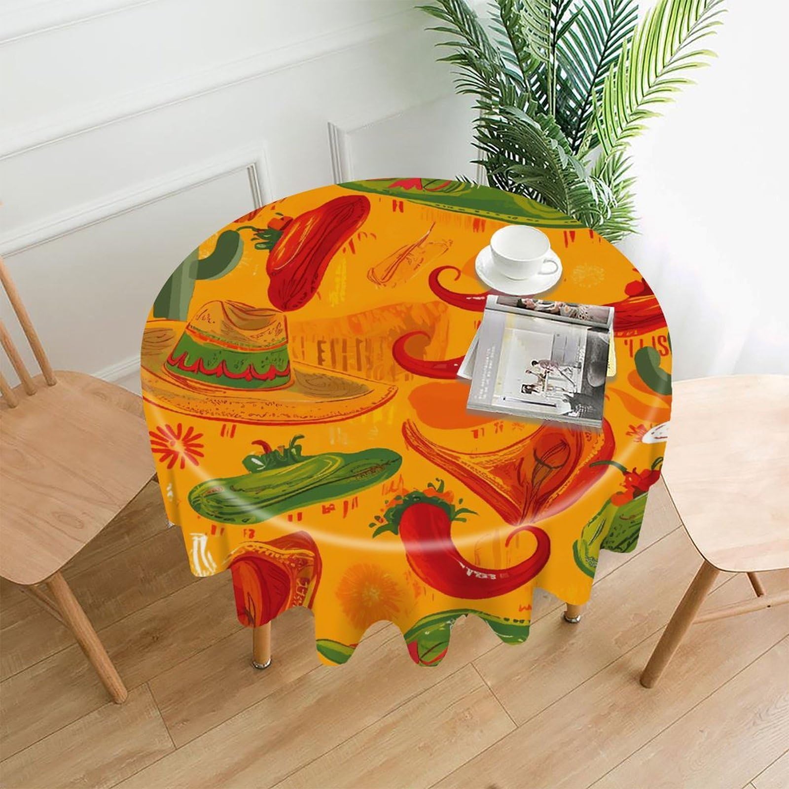 VstaDank Cactus Hat and Chili Pepper Tablecloth Easy to Clean Polyester Round Table Cover Washable Round Table Cloth Wrinkle-Free Circle Decoration Tablecloth for Kitchen Dining Room 60"