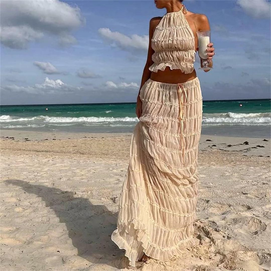 Women Backless Matching Suit Two-Piece Beach Holiday Outfit Ruched Top Maxi Skirt