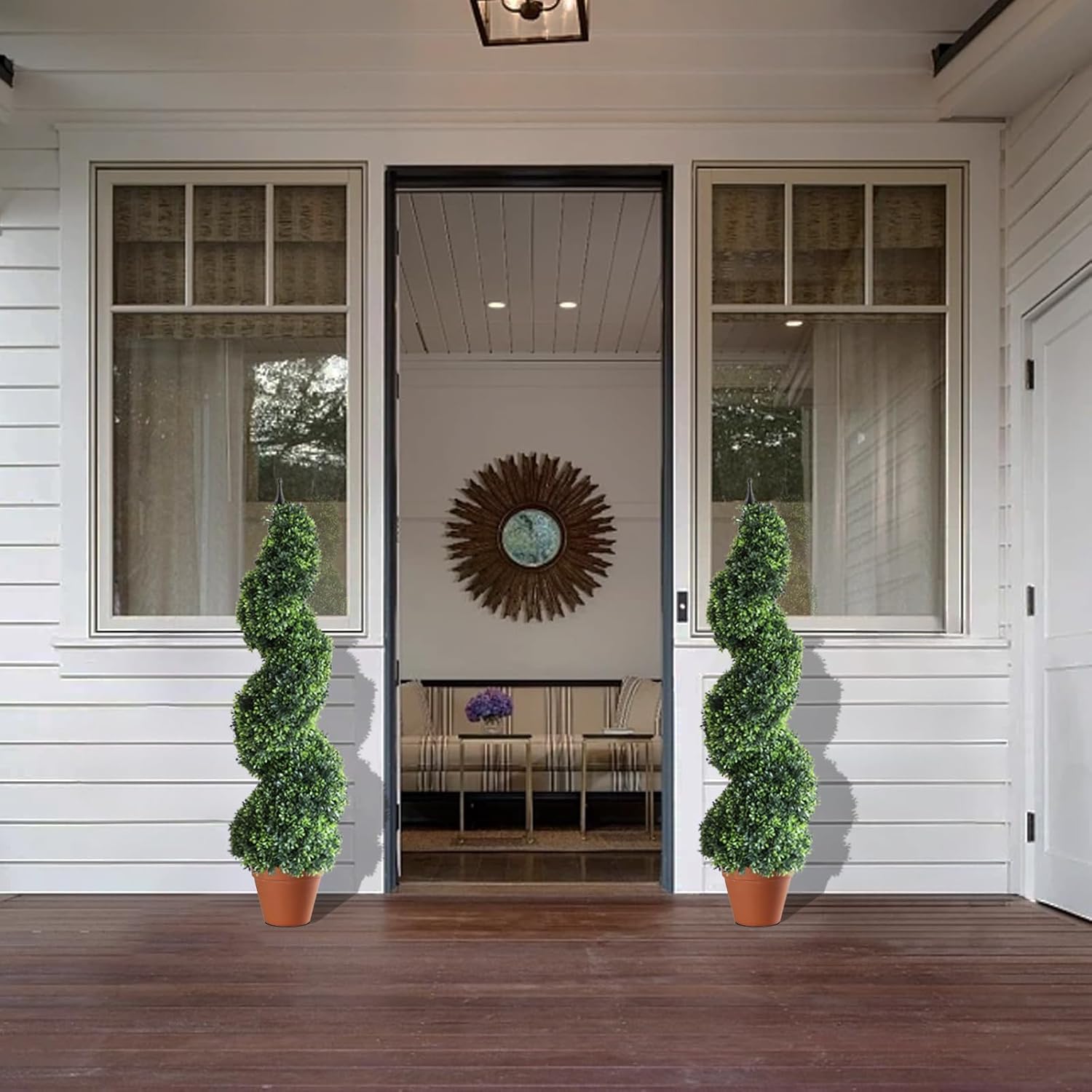 momoplant Outdoor Artificial Topiary Boxwood Spiral Trees, 3.6ft Fake Topiary Tree (2 Pieces) Faux Shrubs Topiaries Tree Outdoor Feaux Plant for Decorative Indoor/Outdoor/Garden (43inch)