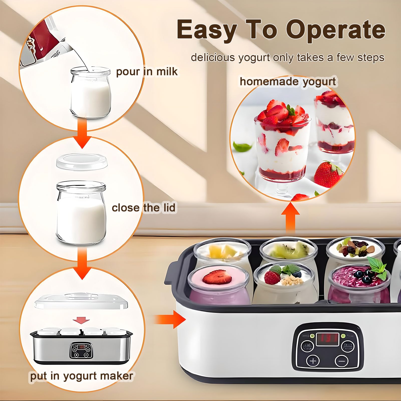 Yogurtera con control de temperatura y tiempo, capacidad de 1400 ml, incluye 8 tarros de vidrio para yogur casero