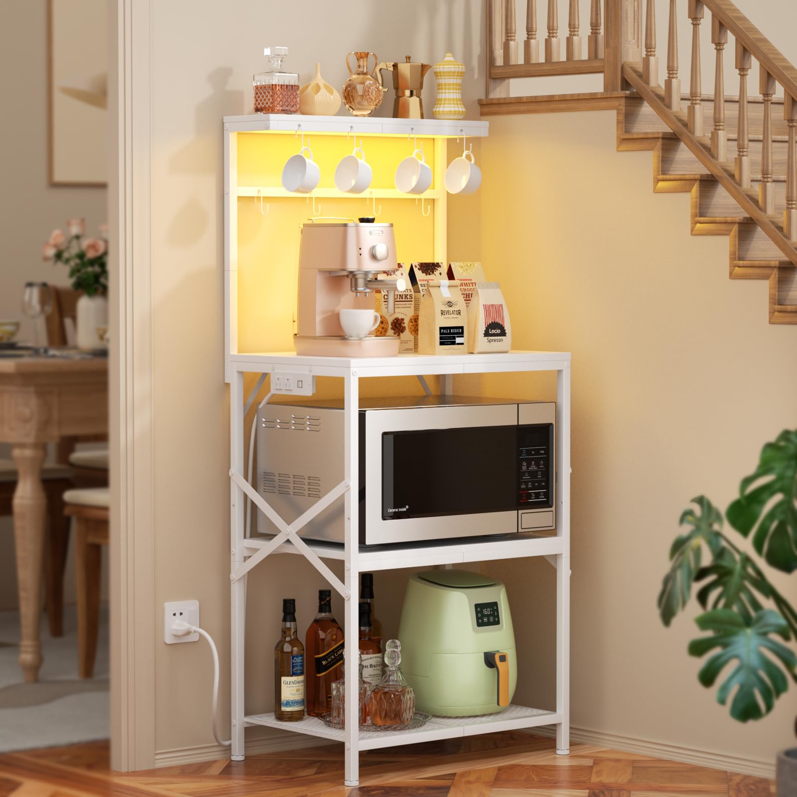 Korfile Kitchen Bakers Rack with Power Outlet & LED Lights, Small Coffee Bar Table with Adjustable Storage Shelf, 4 Tiers Microwave Stand with 8 Hooks, Coffee Station for Appliance Organizer, White