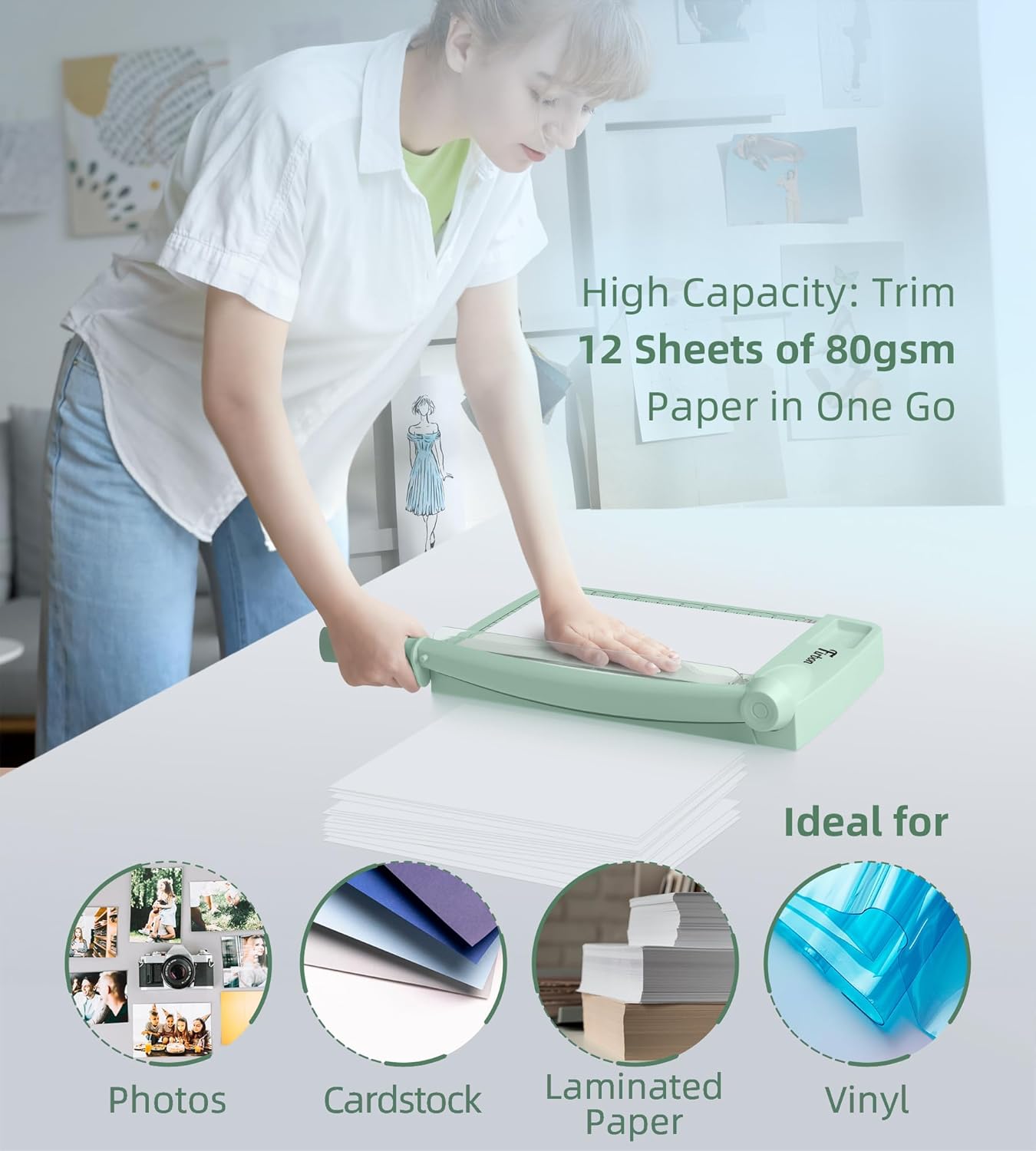 Firbon 12" Guillotine Paper Cutter, Heavy Duty 12-Sheet Capacity Trimmer for Cardstock, Photos, Scrapbooking, Office, Classroom, Studio (Morandi)