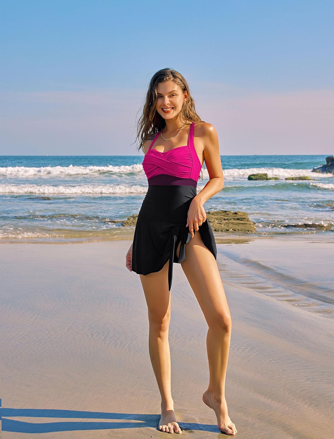 ZAFUL One Piece Swimdress Swimsuits for Women Tummy Control Adjuastable Back Starps Color Block Bathing Suit Swimwear - Image 4