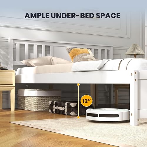 Miniatura 7 de Giantex Marco de cama de plataforma de madera maciza de tamaño matrimonial, marco de cama matrimonial de mediados de siglo con cabecero, soporte de