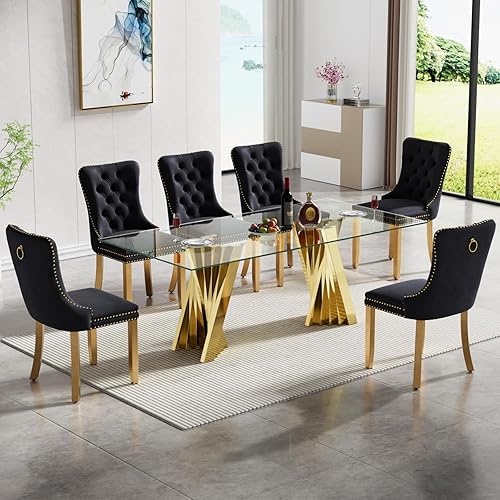 SSLine Moderno juego de mesa de comedor de cristal de 7 piezas para 6 mesas de cocina y sillas de cristal dorado de lujo para 6 elegantes mesas de