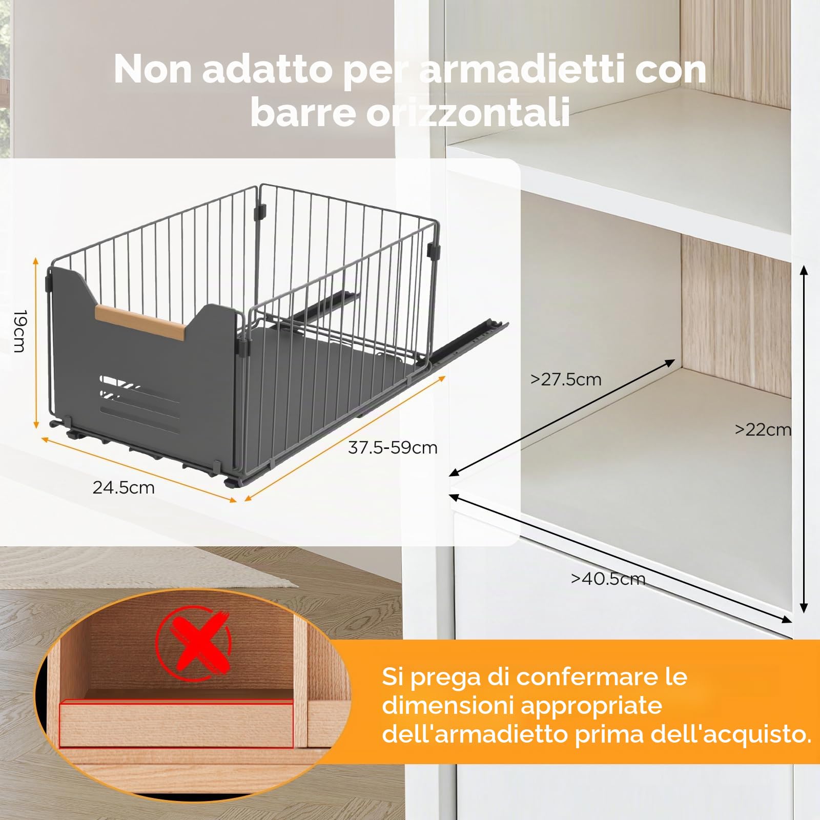 Romon Cassetto Estraibile Cucina, Set da 2 Organizzatori Armadio con Maniglie in Legno, Nero, 37,5x24,5x19 cm, Adatto per Cucina, Bagno e Salotto