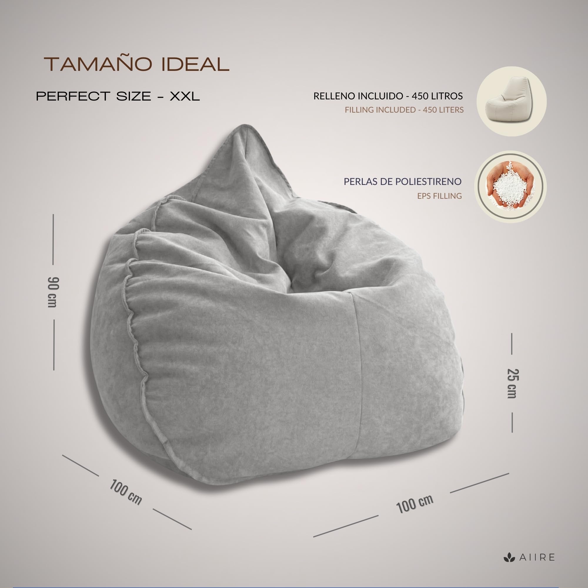 Aiire Puff Salón XXL de Diseño - Sillón Puff con Relleno Incluido - Sofá Puf Gigante de Interior en Algodón Premium - Bean Bag Chair Moderno para Adultos y Habitación Juvenil Gris [100x100x90]