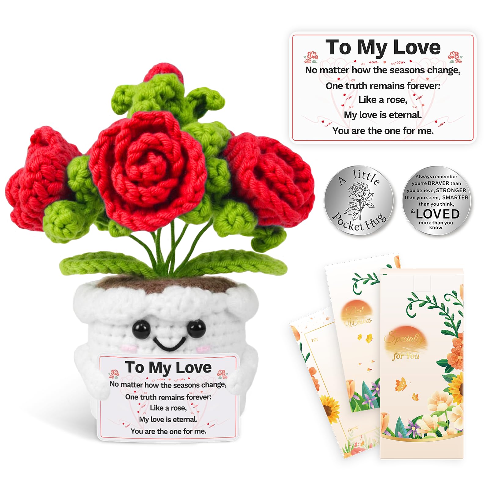 Gifts for Her,Handmade Crochet Flower Bouquet with Sentiment Card & Pocket Hug - Eternal Rose Desk Decor for Anniversary, Birthday, for Women, Her, Girlfriend, Wife-image-4