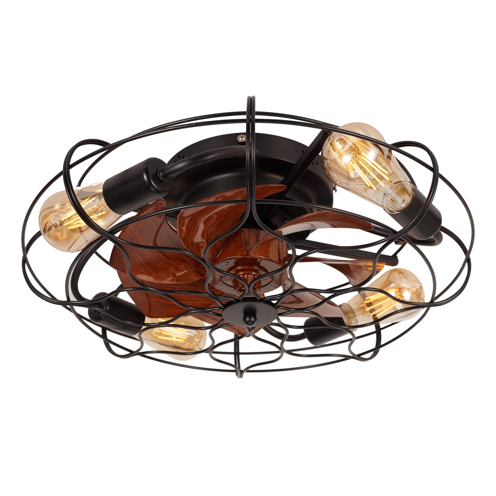 Caged Ceiling Fan With Light, 20'' farmhouse Low Profile Ceiling fan Lights With Remote Control, Modern Enclosed 4x E26 Bulb Ceiling Fans With Reversible Motor Living Room Bedroom Kitchen, Black