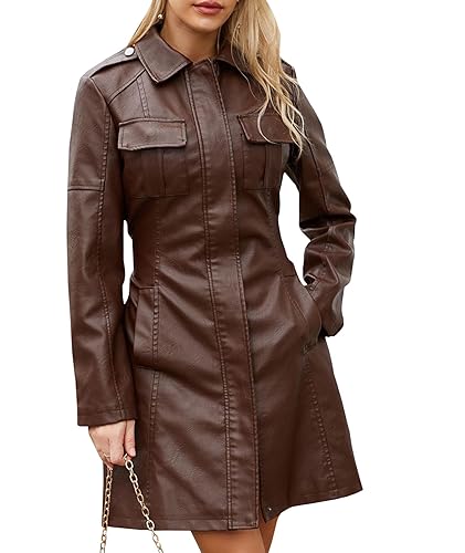 SOMTHRON Women's Mid Length Faux PU Leather Trench Coat Long