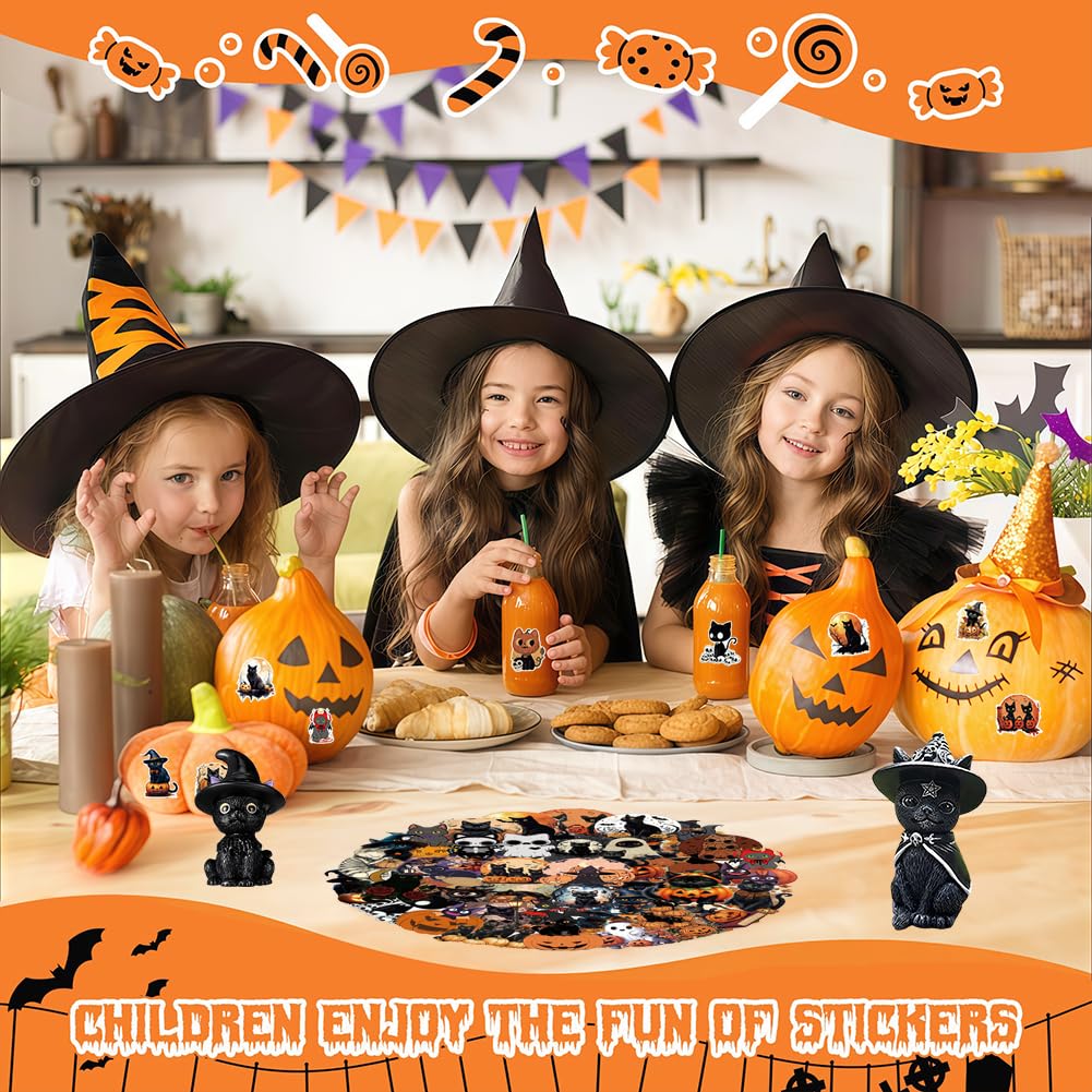 Set de Decoración de Gato-Bruja para Halloween,Figura de Resina con Sombrero de Bruja 50 Pegatinas Decoración Tenebrosa para Ventanas, Mesas y Fiestas Amantes de los Gatos