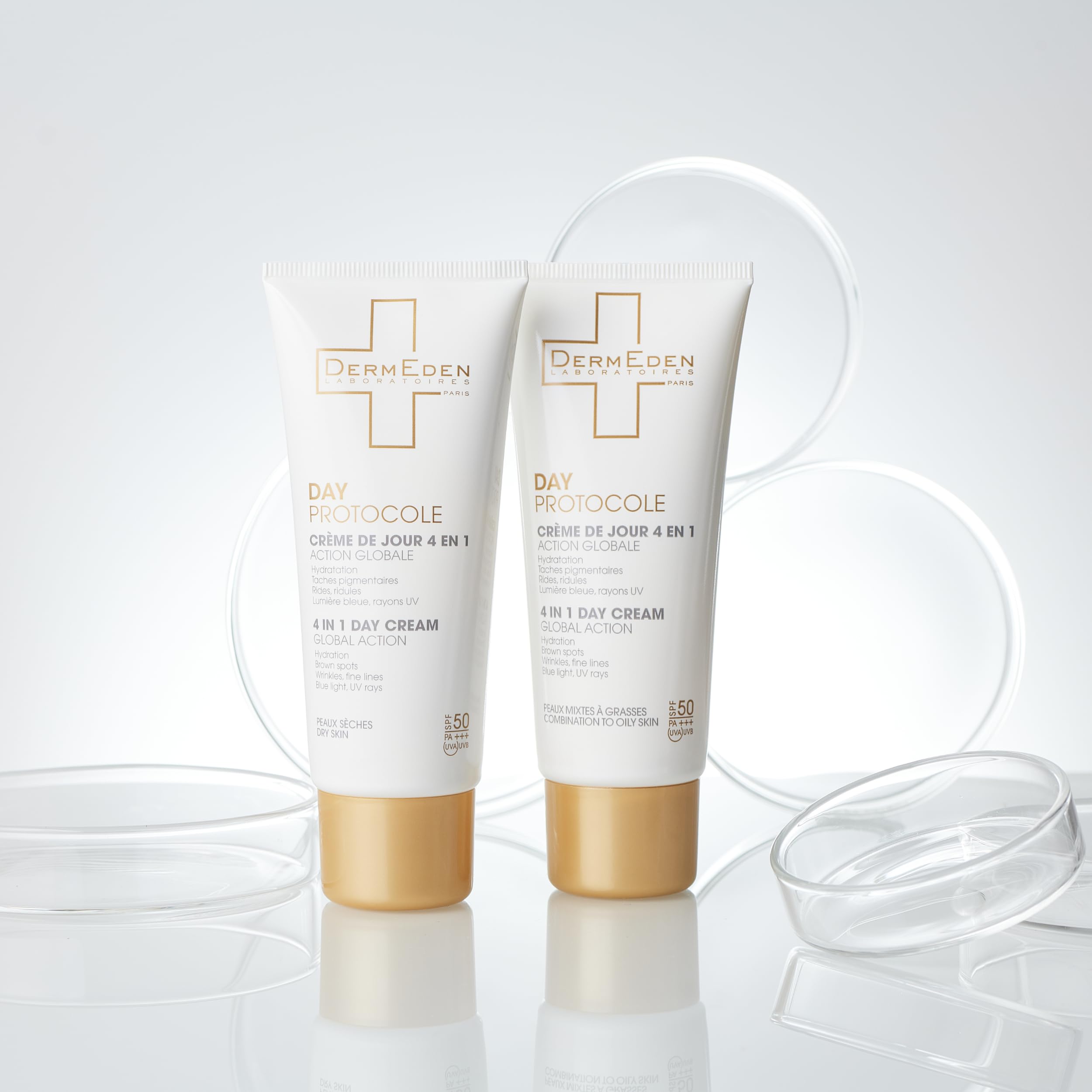 DermEden - Crema da giorno 50 ml per pelli da miste a grasse SPF 50-4 azioni in 1 - Protezione completa contro gli effetti nocivi della luce - Anti-macchie e anti-infiammatorio - Prodotto in Francia