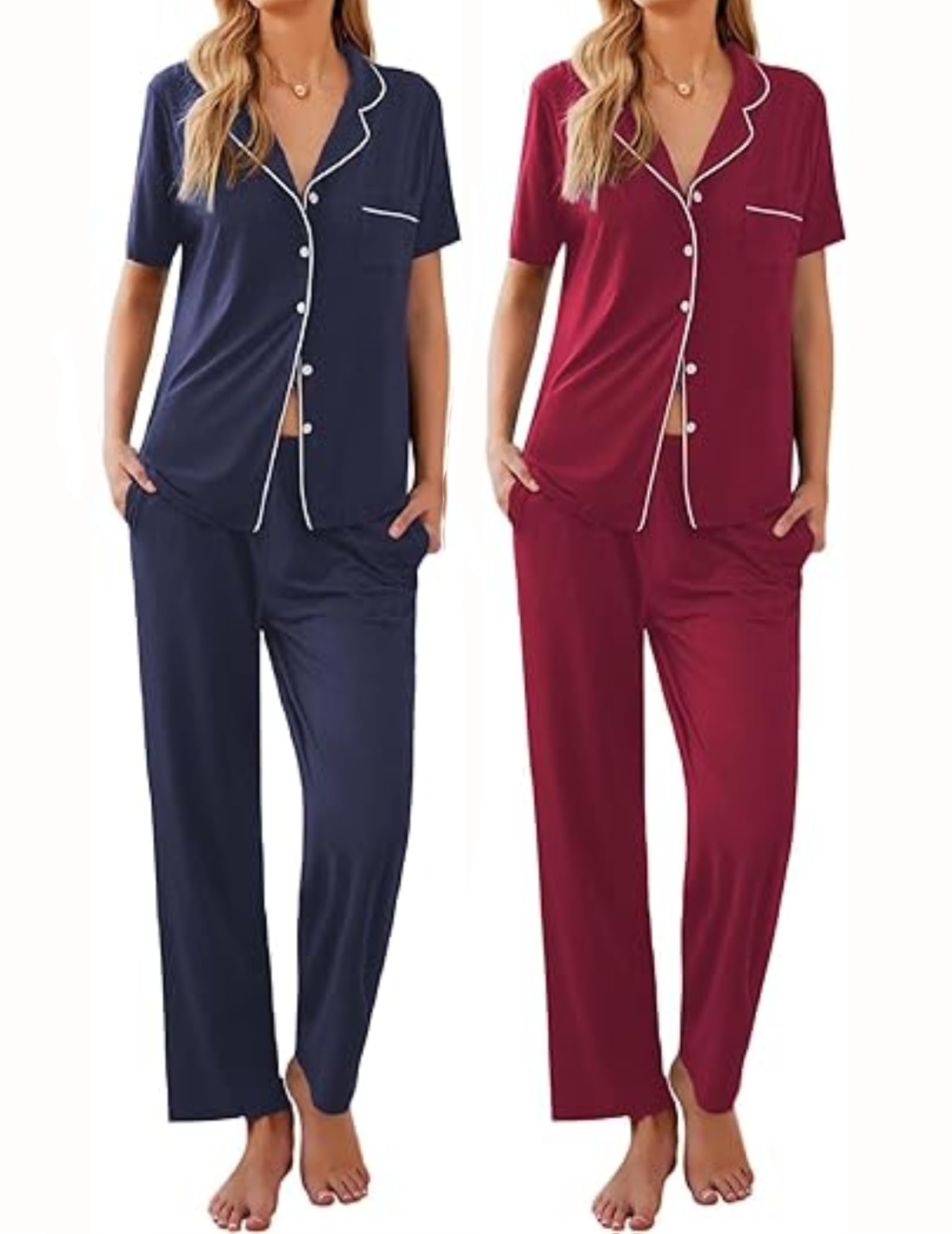 Ekouaer 2 Pack：Womens Pajamas Short Sleeve Pjs Notch Collar Button Up Loungewear Cozy Sleepwear Sets