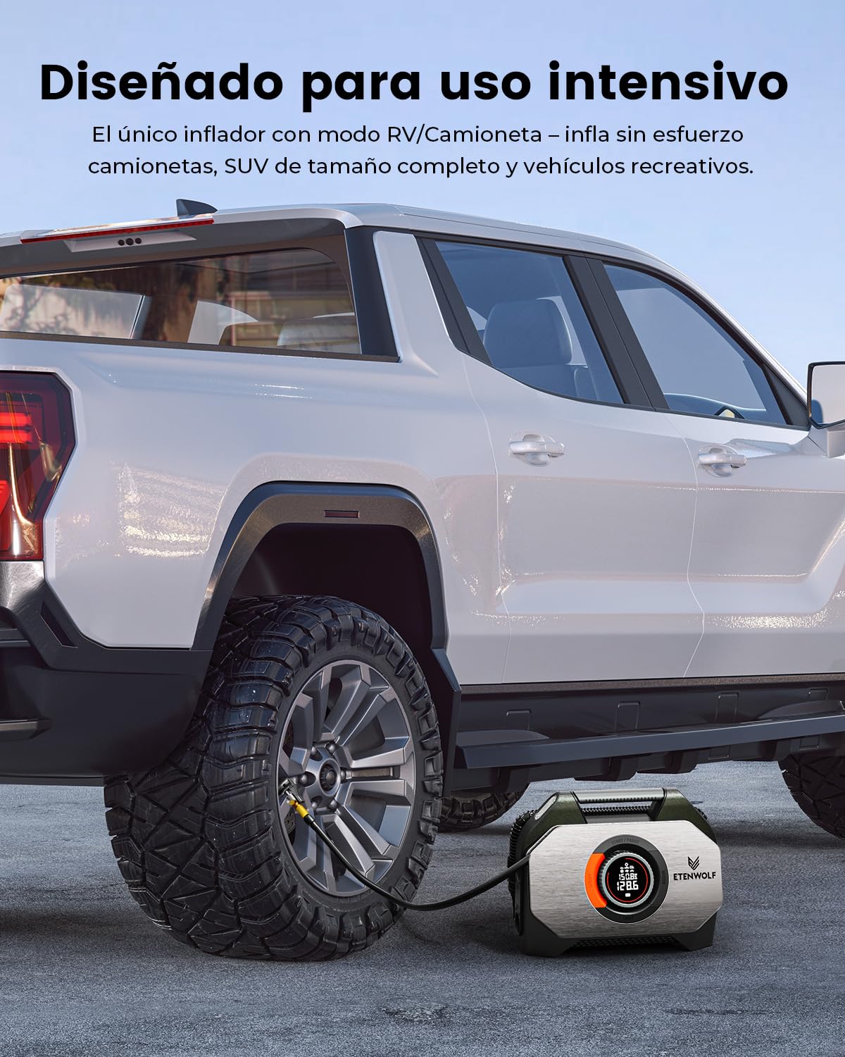 ETENWOLF Vortex S7 Inflador de neumáticos para vehículos pesados, bomba de aire portátil para neumáticos de coche con batería de 11,03 bar y batería de 38400 mAh, bomba de aire inalámbrica con ciclo