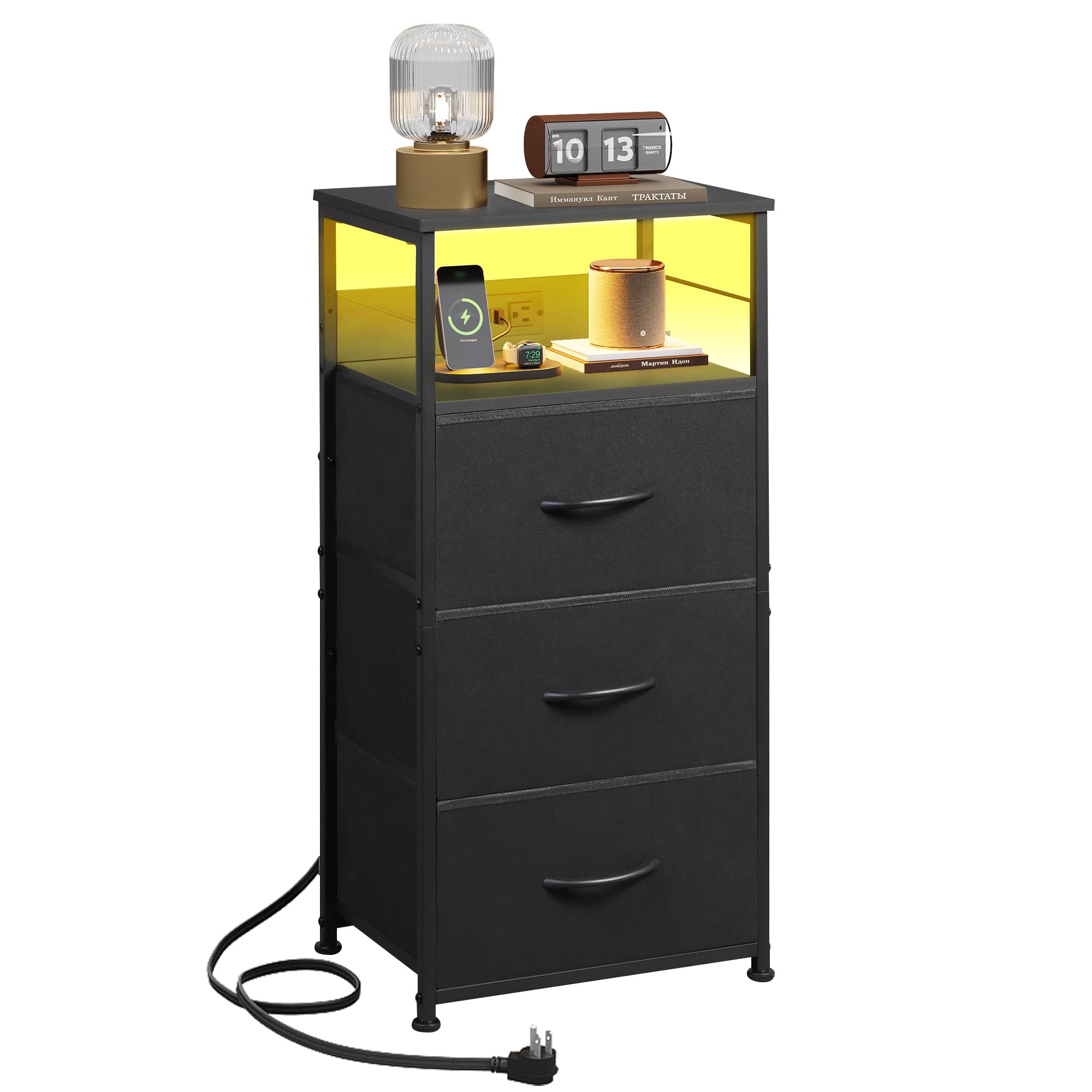 wlive white night stand with charging station led nightstand with 3 fabric drawers tall bedside table with 3 usb ports and 2 outlets dresser for small space 319334 h side table for bedroom