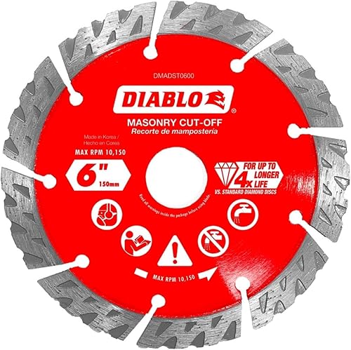 Diablo Hoja de corte de mampostería segmentada con diamante para hormigón, ladrillo y bloque, 6 pulgadas de diámetro, corte de 0.094 in, 10.150 RPM