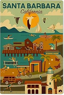 Lantern Press 6x9 Inch Wood Sign, Ready to Hang Wall Decor, Santa Barbara, California, Geometric