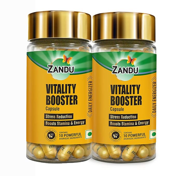 Zandu Vitality Booster Capsule, With Goodness of Ashwagandha, Safed Musli, Gokshur, Shuddha Shjilajit, Helps to Boost Energy and Strength (Pack of 60 Capsules x 2)