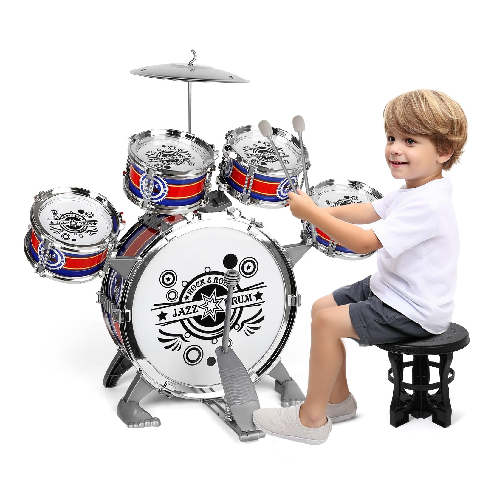 Batteria per Bambini, Set Batteria Jazz Strumento Musicale 5 Tamburi per Principianti, Musicale Percussione Giocattolo Compleanno Natale Regalo per Bambini 3 4 5 6 Ragazzi e Ragazze