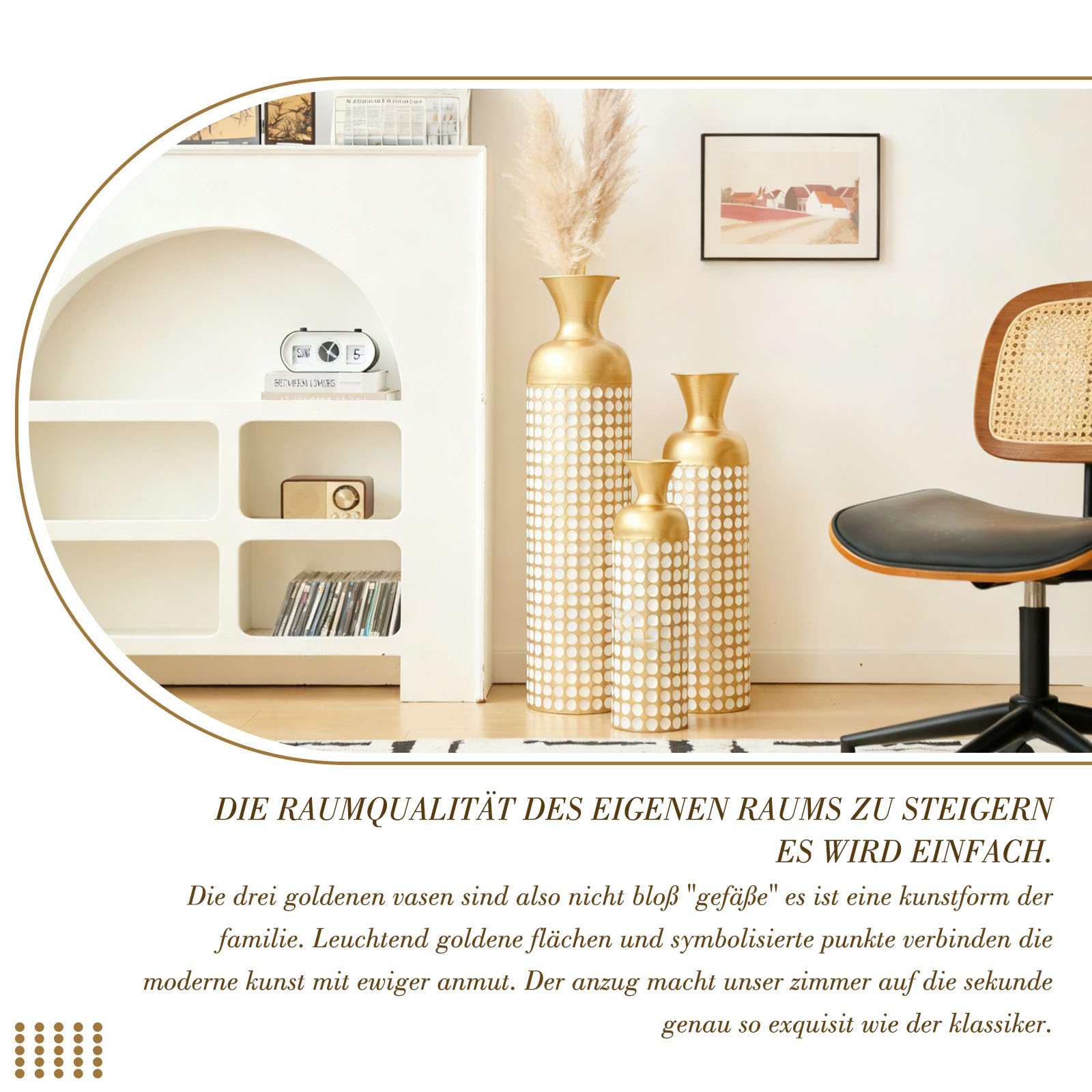 Bodenvase groß 3er Set (50/66/83 cm) - Große Deko Vasen aus Metall, Übertöpfe für Pflanzen als Zimmerdeko für Wohnzimmer & Flur im Vintage Look, Gold mit weißen Punkten