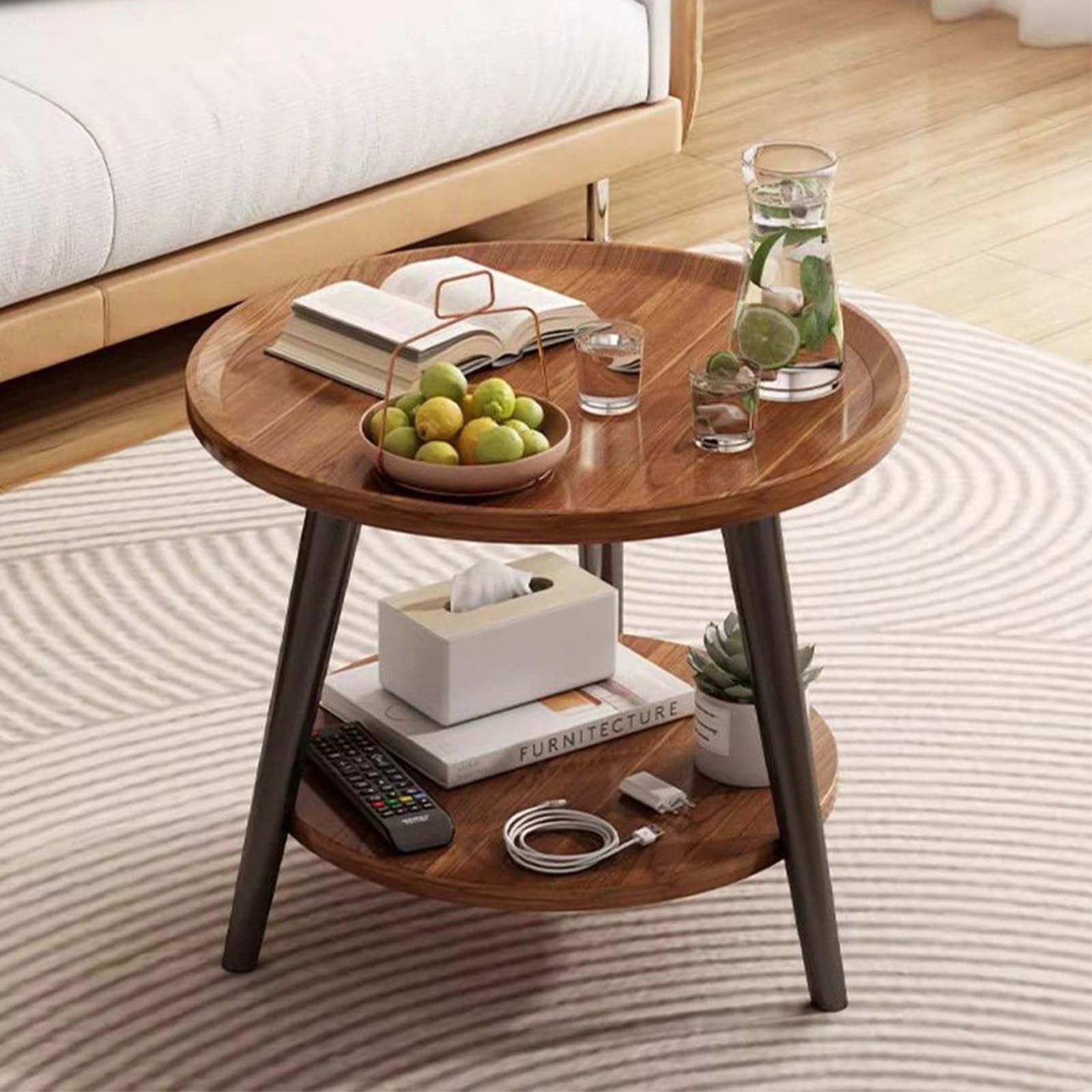 Round Coffee Table 2-Tier Modern Circle Side Table with Storage Farmhouse Small Wood Sofa End Table Home Office