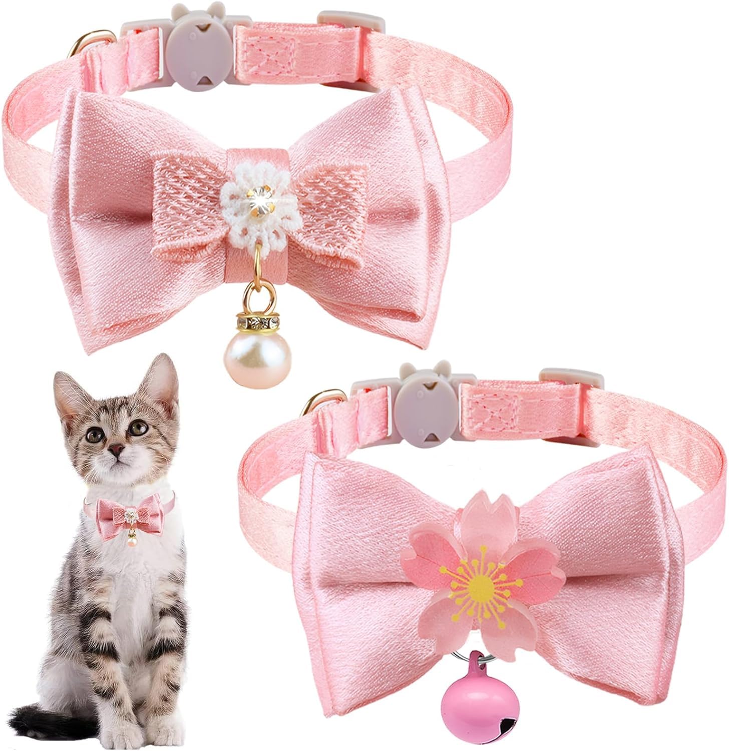 Cute Kitten Collars for Girl Cat Collar Breakaway Pink Bow Cat Collar Girl Cat Accessories Bowtie Kitty Collar with Flower (2Pack(Color A+Color B))