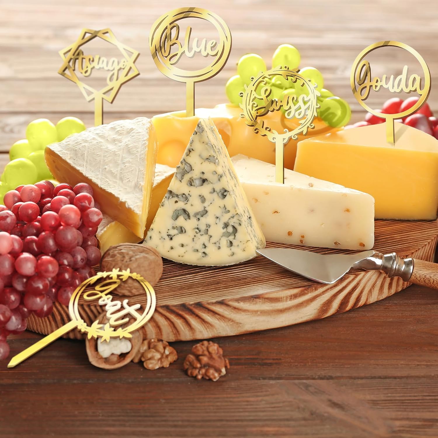 Yulejo 10 Packs Cheese Labels Markers 5 Different Shapes Printed Different Words for Charcuterie Board Cheese Markers Food for Buffet Picks Christmas Wedding Birthday Party Cocktail Dinner (Acrylic)